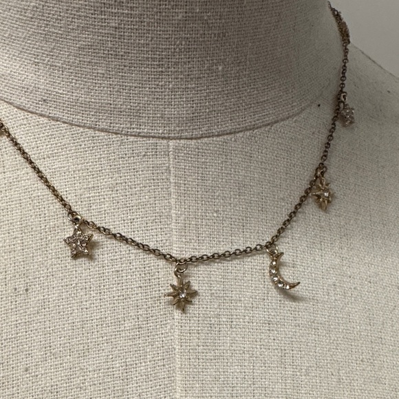 Gold-tone Star and Moon Necklace 21” length with 8” hanging back chain - Picture 6 of 8